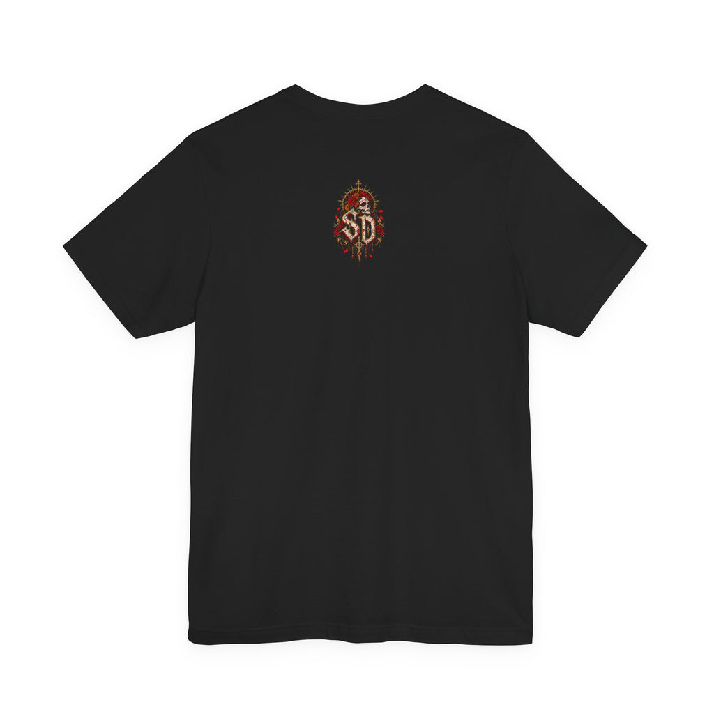 Day of the Dead Gothic Tee product mockup with skeletal Day of the Dead artwork and red accents