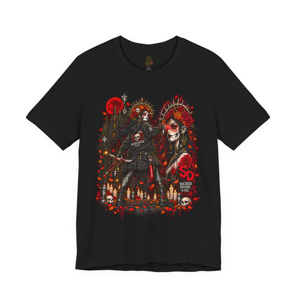 Day of the Dead Gothic Tee product mockup with skeletal Day of the Dead artwork and red accents