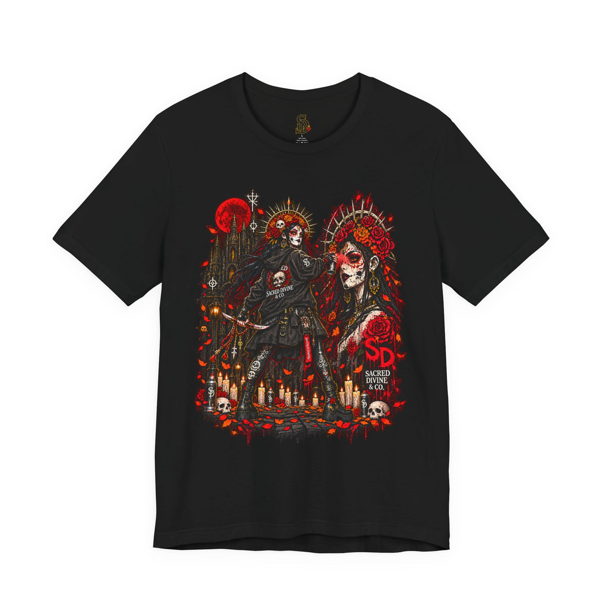 Day of the Dead Gothic Tee product mockup with skeletal Day of the Dead artwork and red accents