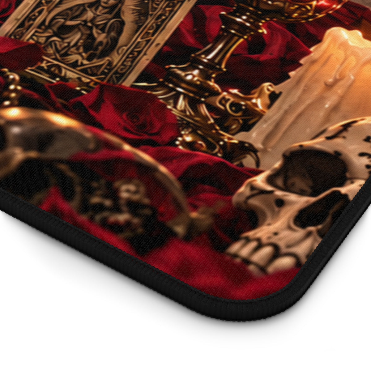 Close-up of the dark textured backing and rounded stitched edge of the Gothic Day of the Dead desk mat.