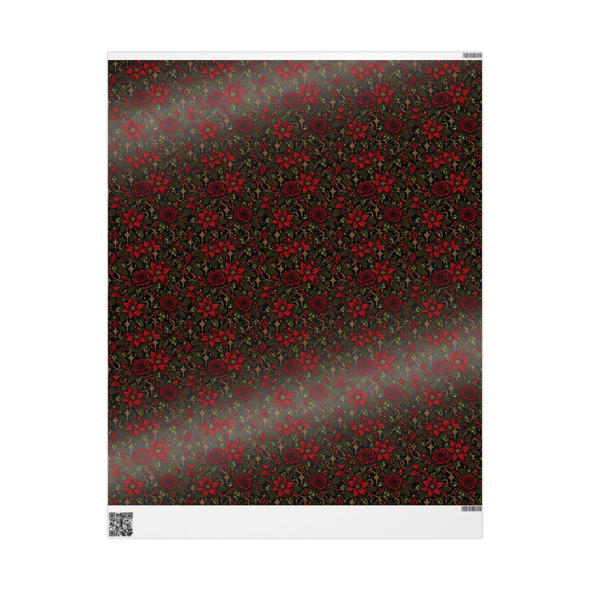 Glossy sheet of Dark Botanical Floral wrapping paper with a reflective finish and the white printer margin visible.