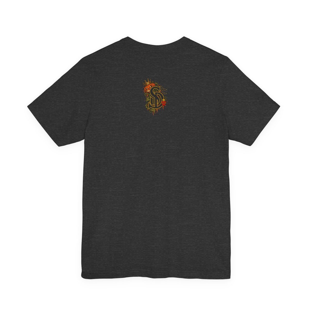 The Pumpkin Kingpin Tee product mockup with crowned jack-o'-lantern holding a No Rules Only Loyalty sign