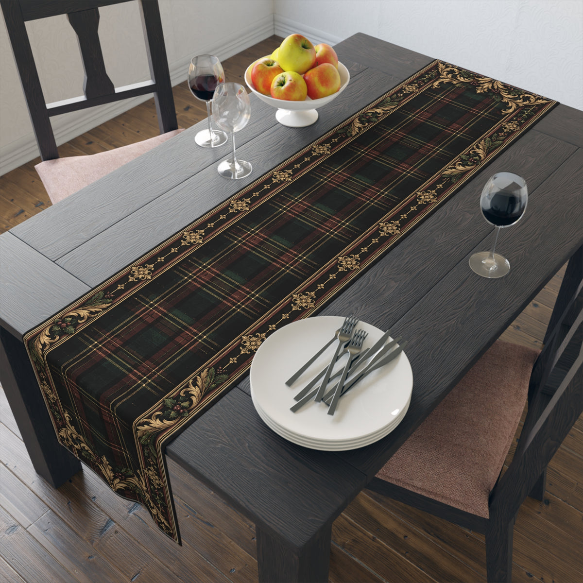 Gallery image 5: Vintage Tartan Plaid Table Runner featuring cotton twill table runner with tartan plaid and vintage flourishes.