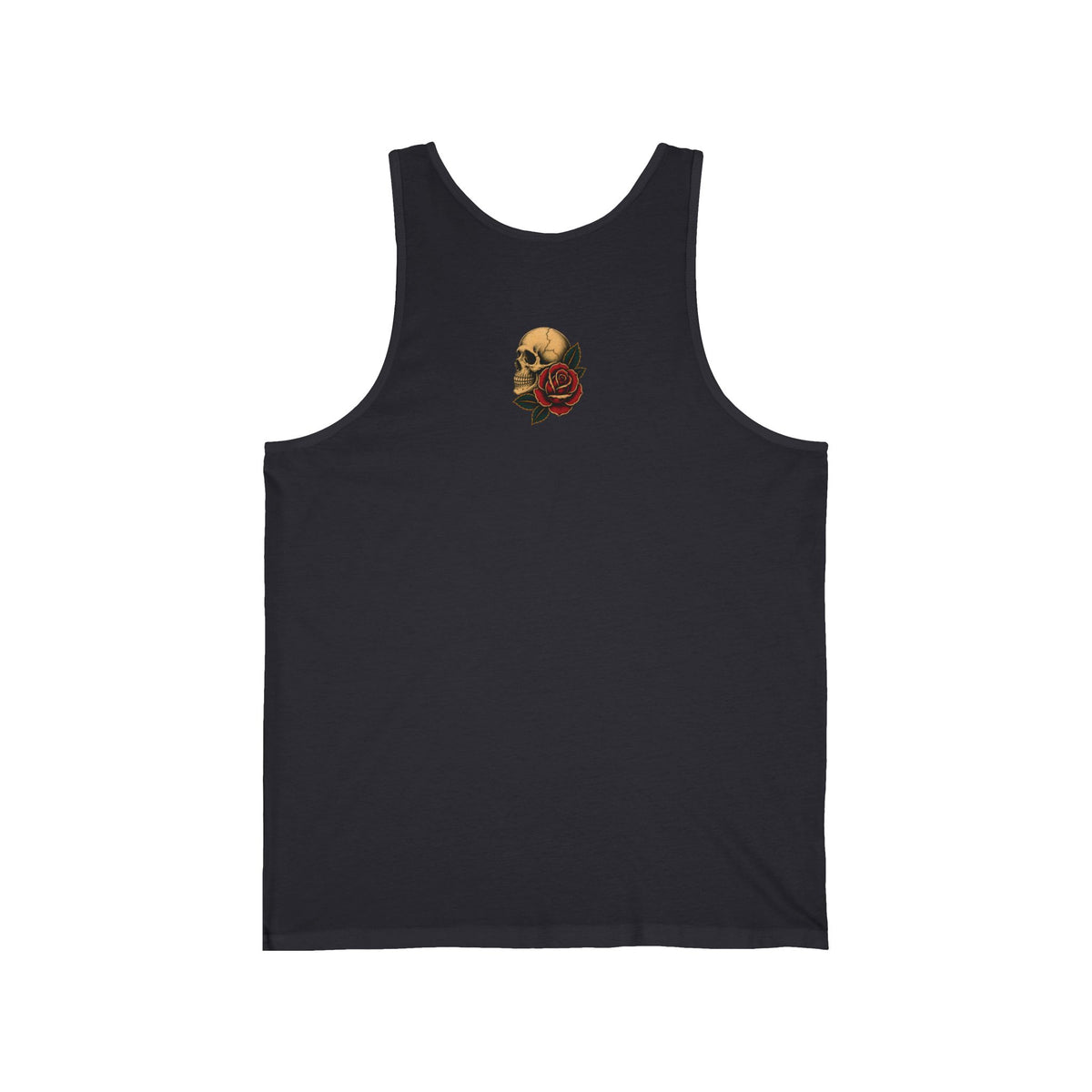 Skull & Rose Jersey Tank dark grey back flat-lay — skull and rose small back graphic Sacred Divine & Co.