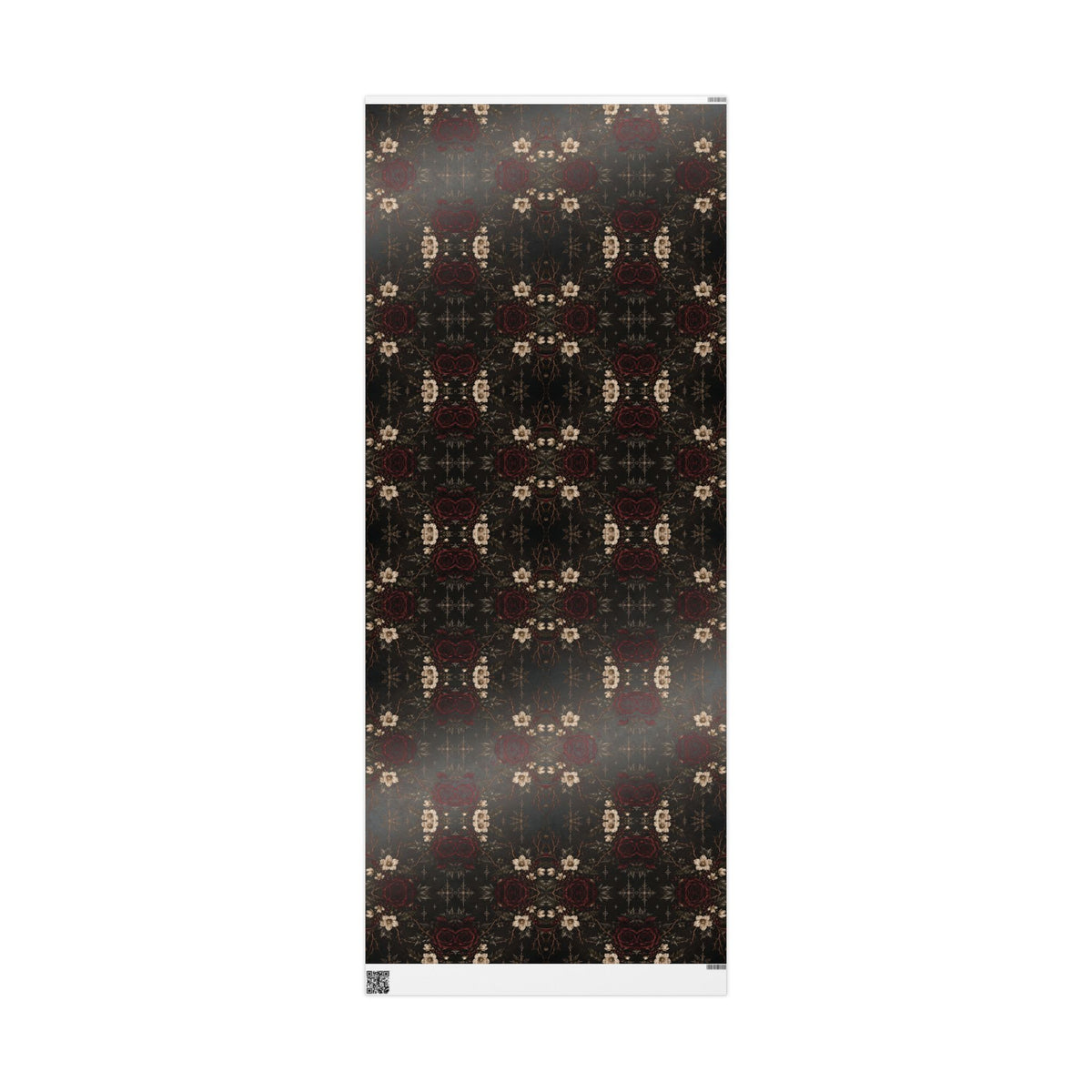 Full-length glossy Dark Vintage Floral wrapping paper panel showing the printed design with a white edge and QR code.