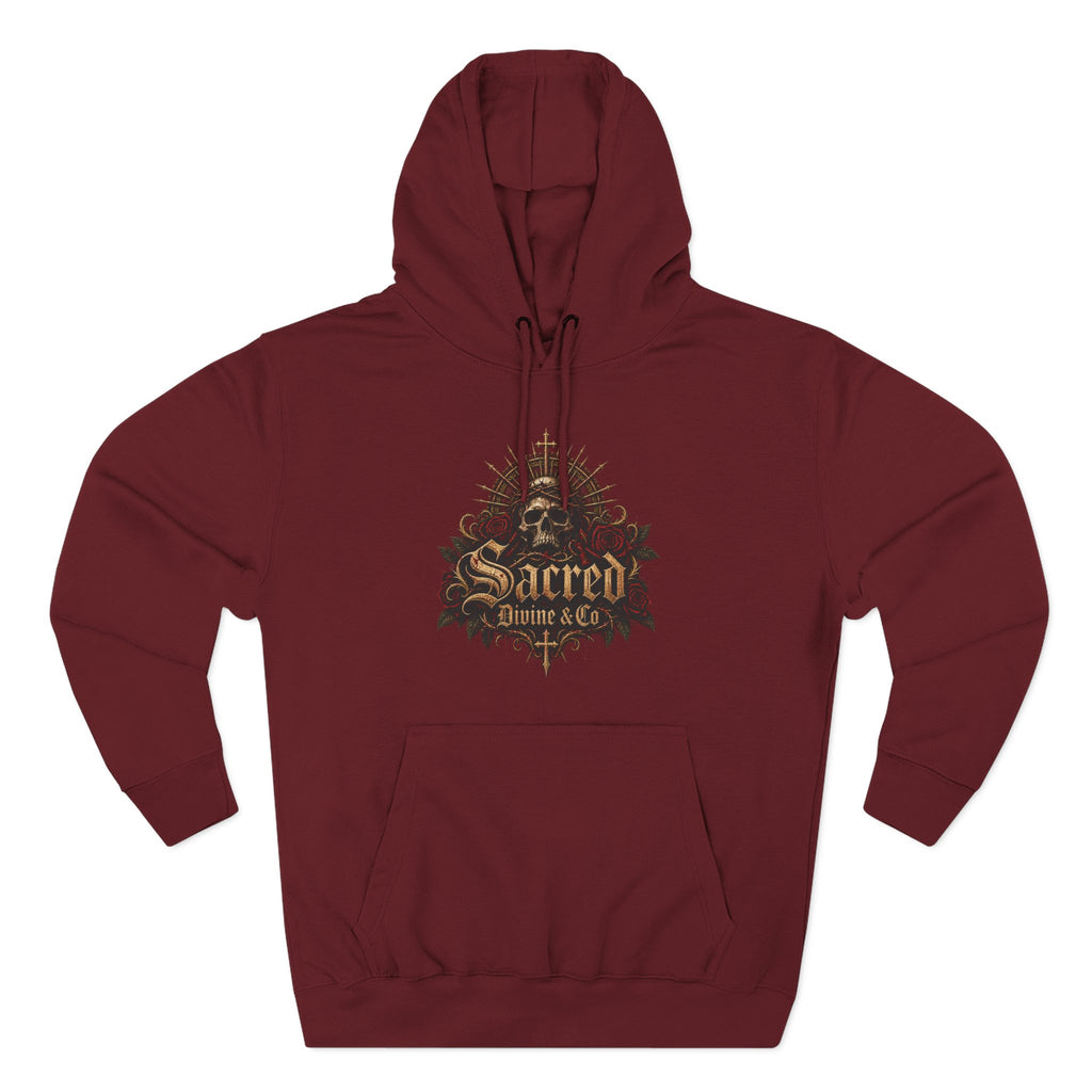 Gothic Skull Crest Fleece Hoodie maroon front flat-lay — gothic skull gold crown crest red roses Sacred Divine & Co. gothic script center chest graphic