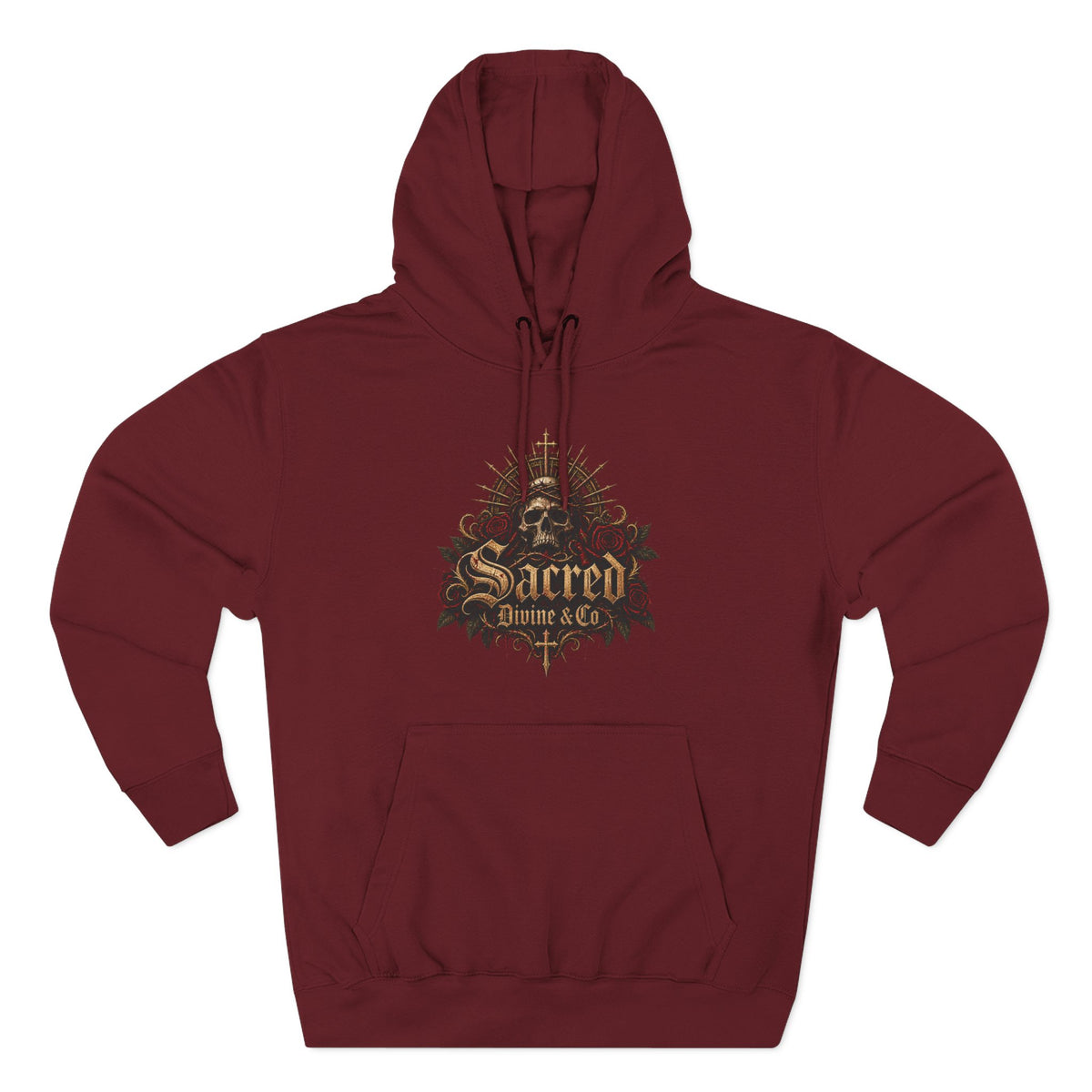 Gothic Skull Crest Fleece Hoodie maroon front flat-lay — gothic skull gold crown crest red roses Sacred Divine & Co. gothic script center chest graphic