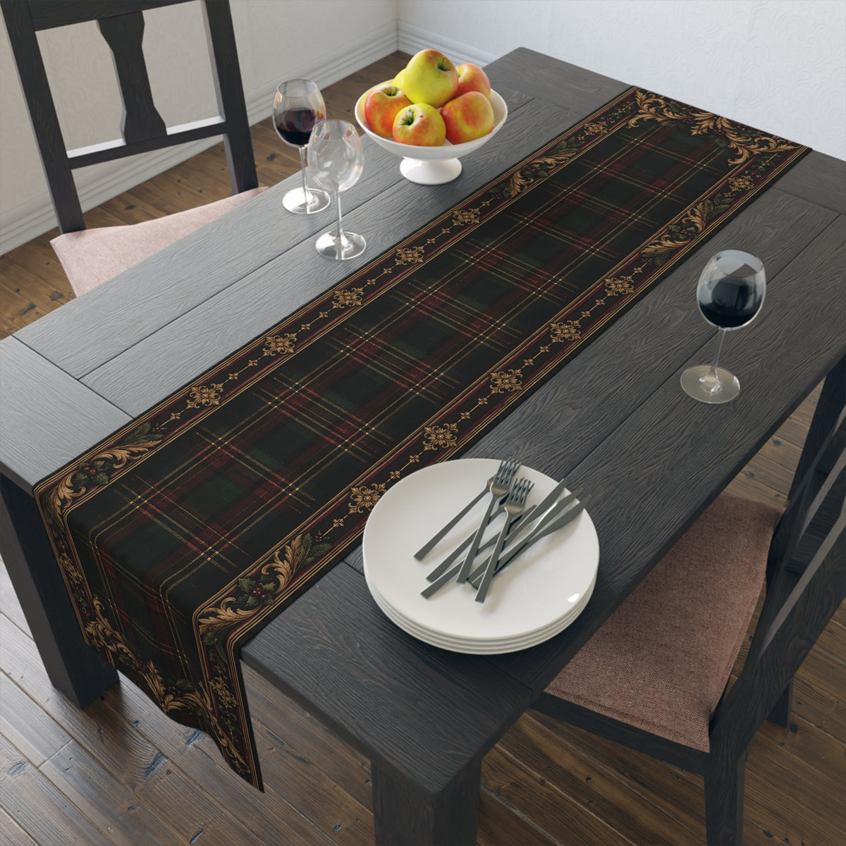 Gallery image 5: Tartan Plaid Floral Border Table Runner featuring polyester table runner with tartan plaid and a golden floral border.