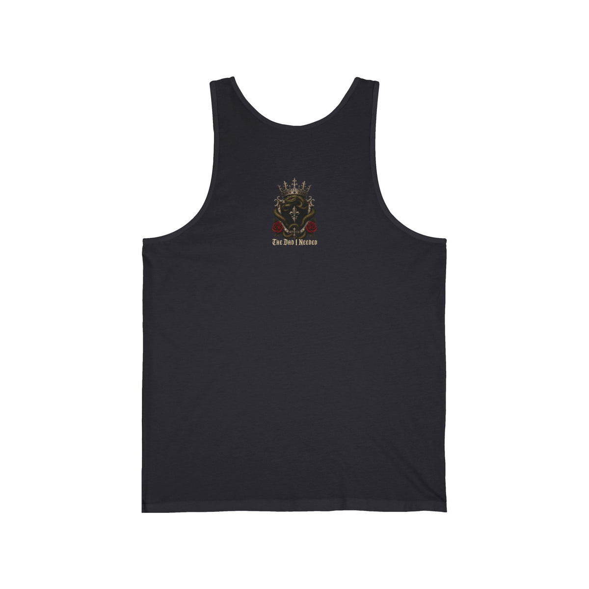 Family First Always Tank dark grey back flat-lay — The Dad I Needed gothic crown crest with snake and red roses upper back graphic