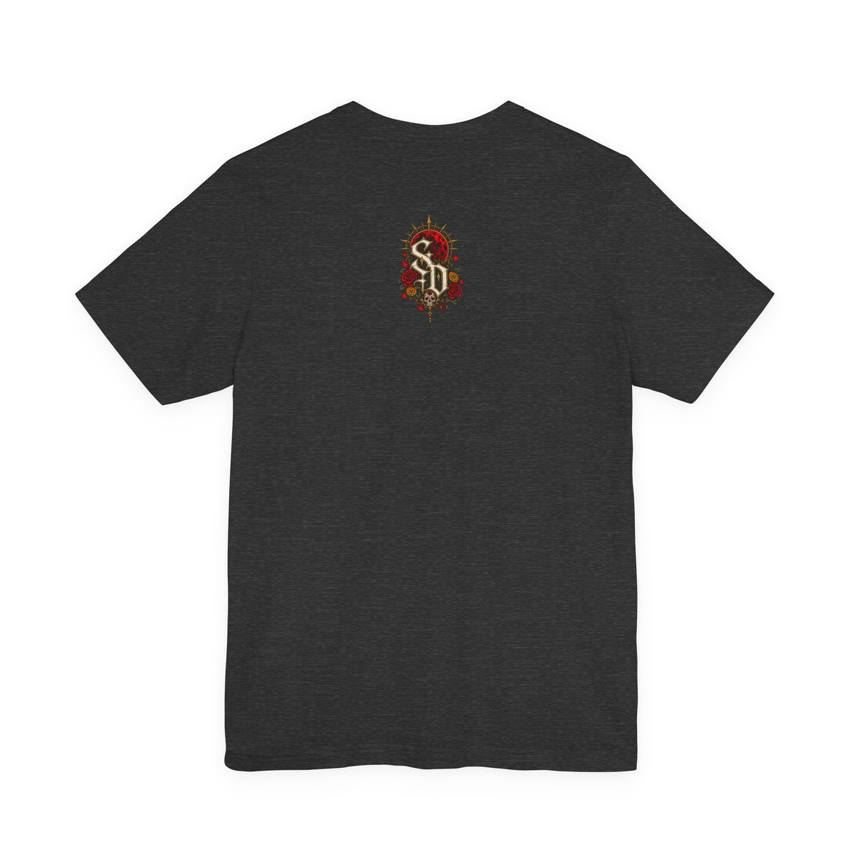 Catrina After Midnight Tee product mockup with Catrina sugar-skull artwork, crimson roses, and red sun