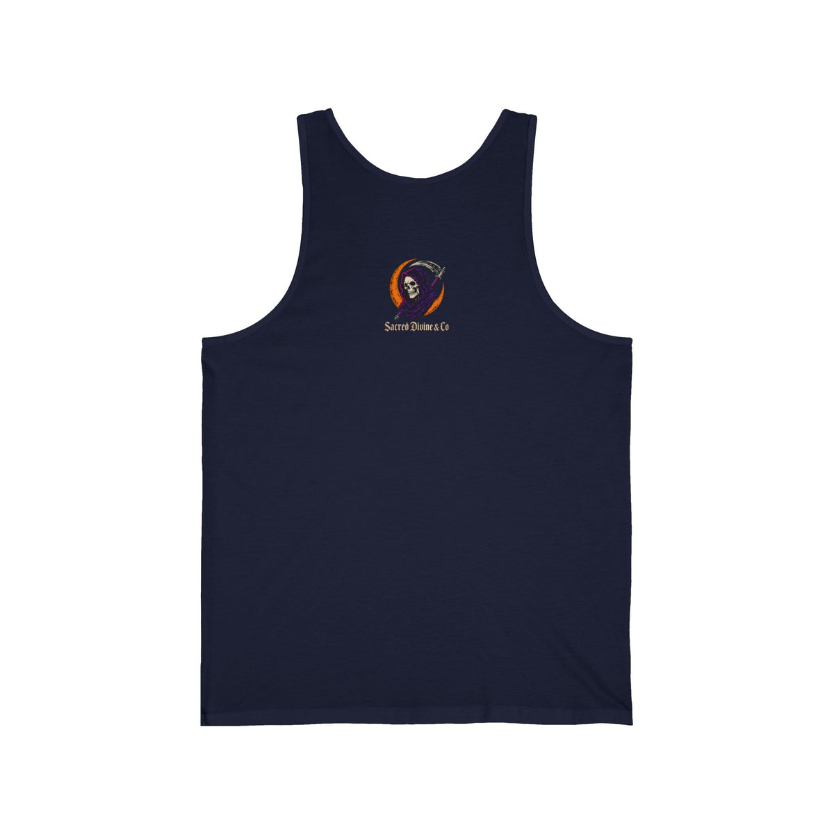 Grim Reaper Pegasus Tank navy back flat-lay — Grim Reaper skull flame circle Sacred Divine & Co. left chest logo