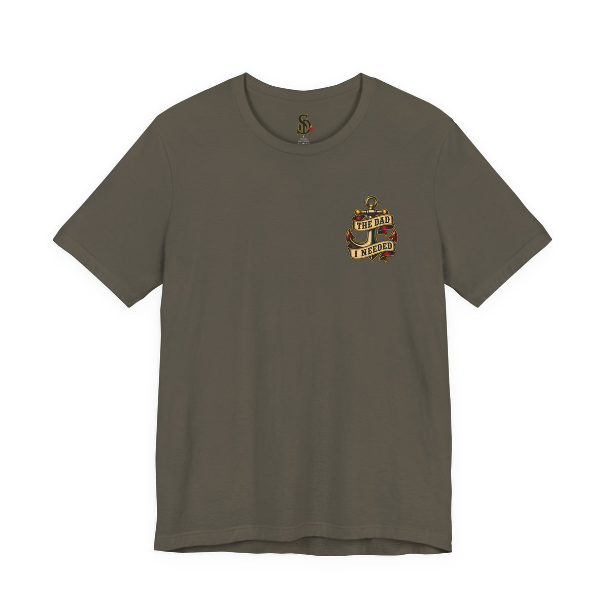 Fatherhood Is the Mission Tee army front flat-lay — The Dad I Needed vintage anchor left chest graphic