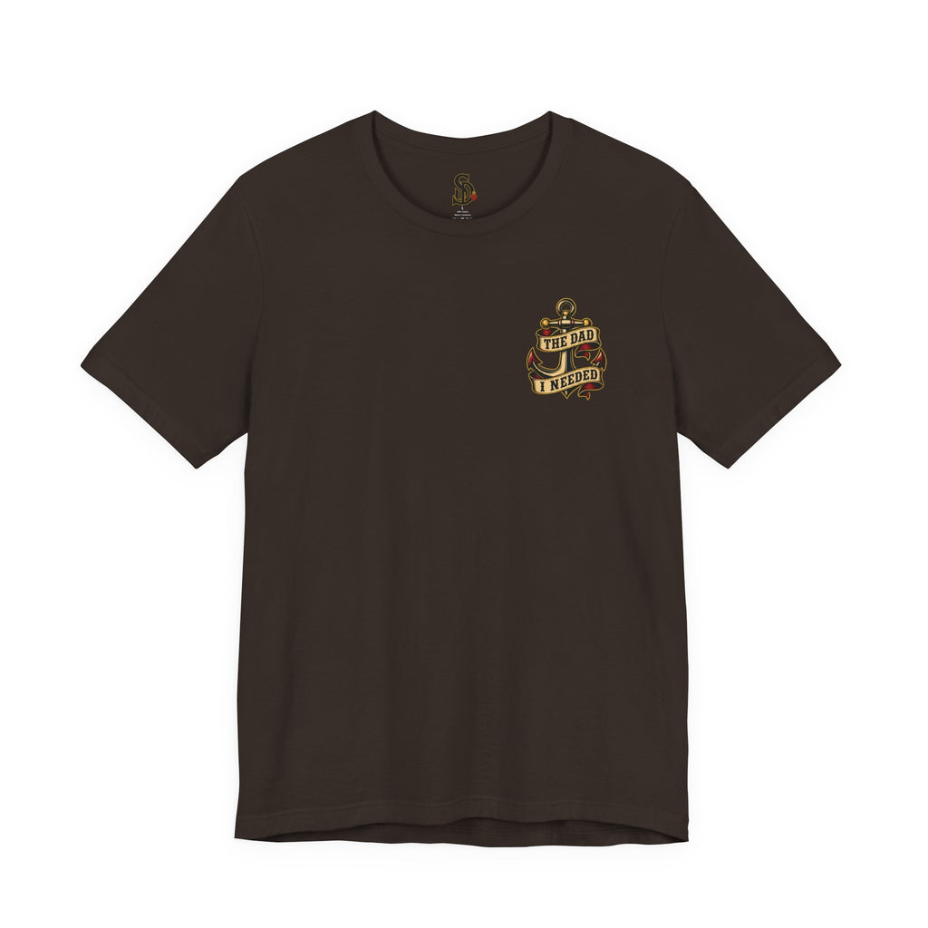 Fatherhood Is the Mission Tee brown front flat-lay — The Dad I Needed vintage anchor left chest graphic
