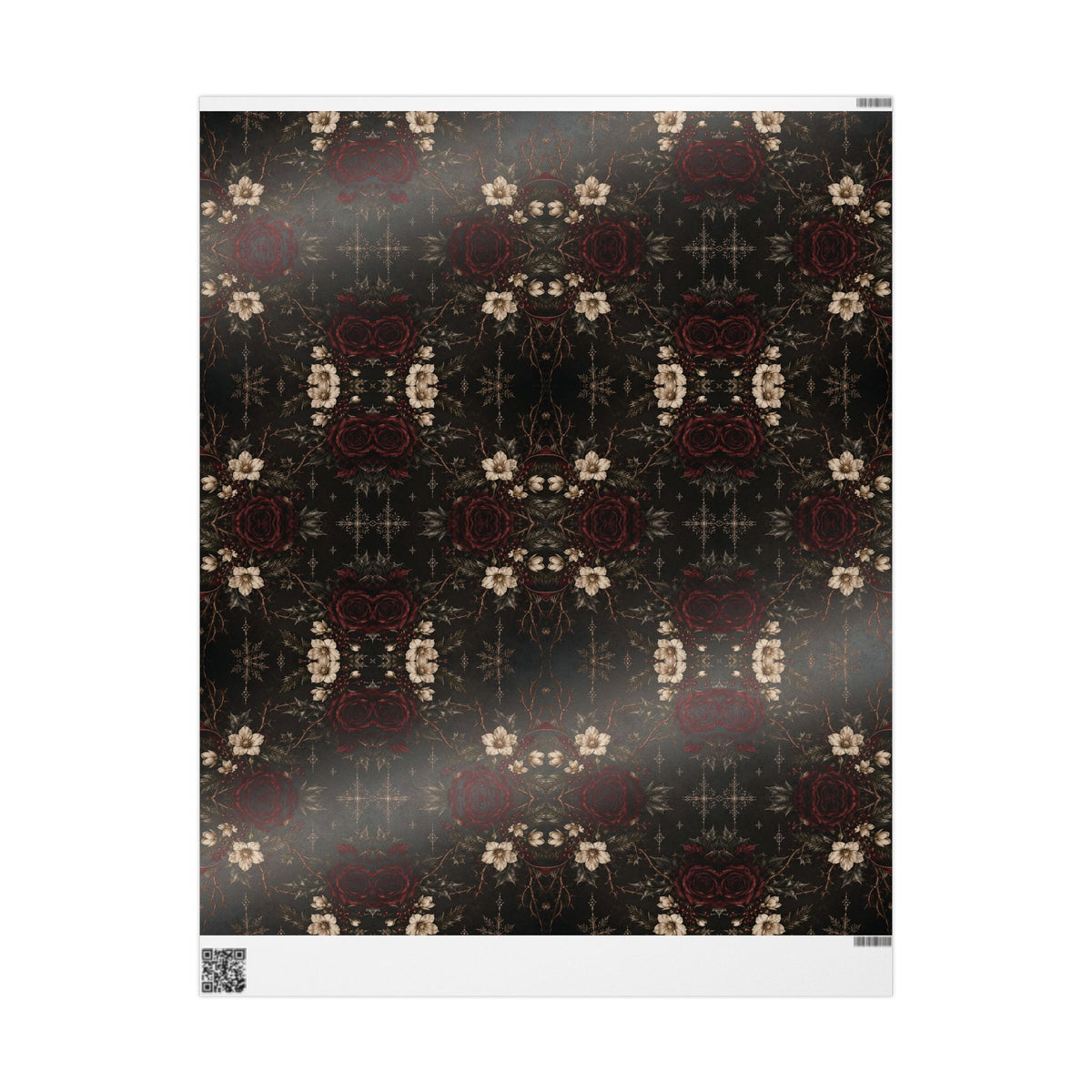 Glossy sheet of Dark Vintage Floral wrapping paper with a reflective finish and the white printer margin visible.