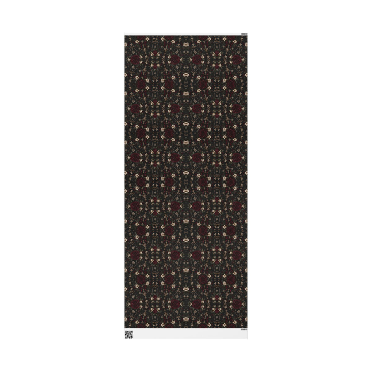 Vertical view of Midnight Floral Medallion wrapping paper with a repeating charcoal pattern of burgundy and ivory floral motifs.