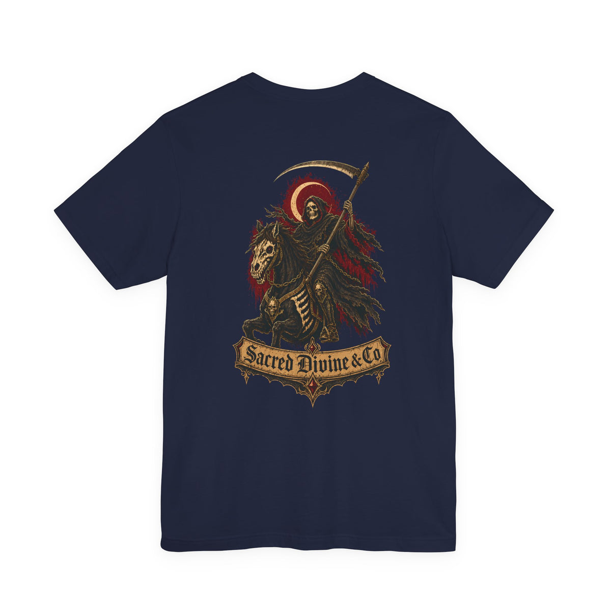 Grim Reaper Graphic Tee navy back flat-lay — Grim Reaper on skeleton horse with scythe and crescent moon Sacred Divine & Co. scroll banner full back graphic