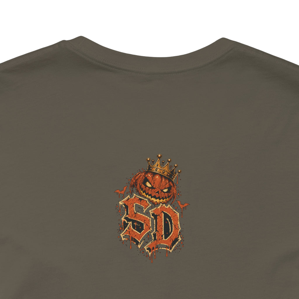 Pumpkin Kingpin Crew Tee product mockup featuring crowned jack-o'-lantern kingpin and crew artwork