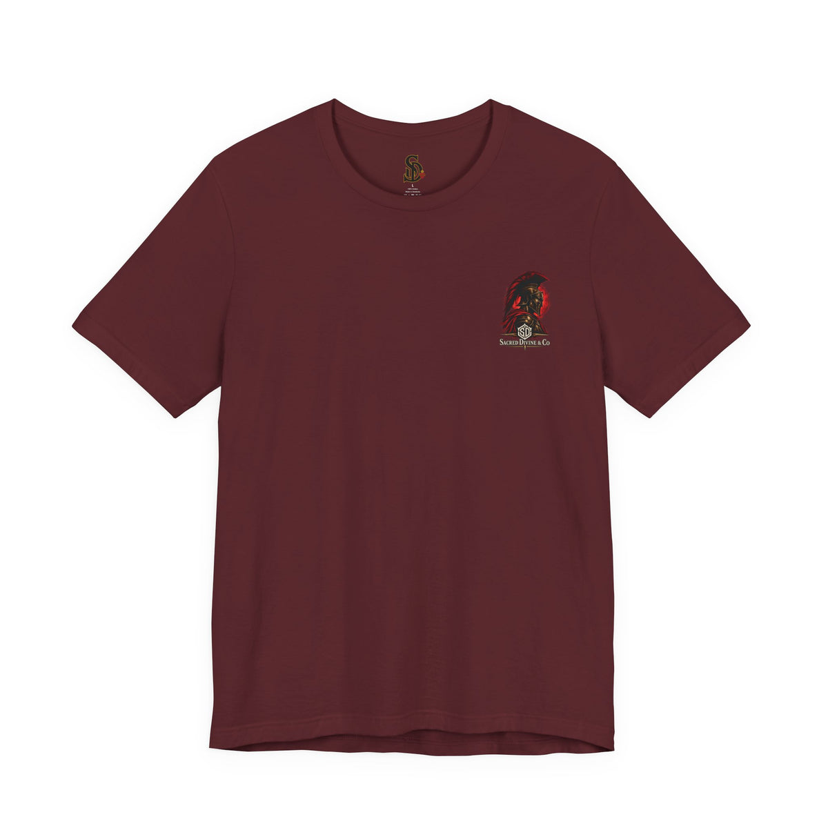 Spartan Warrior Tee maroon front flat-lay — Spartan helmet bust Sacred Divine & Co. left chest graphic