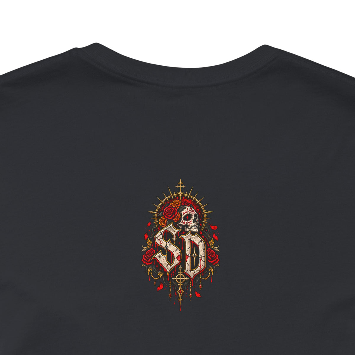 Day of the Dead Gothic Tee product mockup with skeletal Day of the Dead artwork and red accents