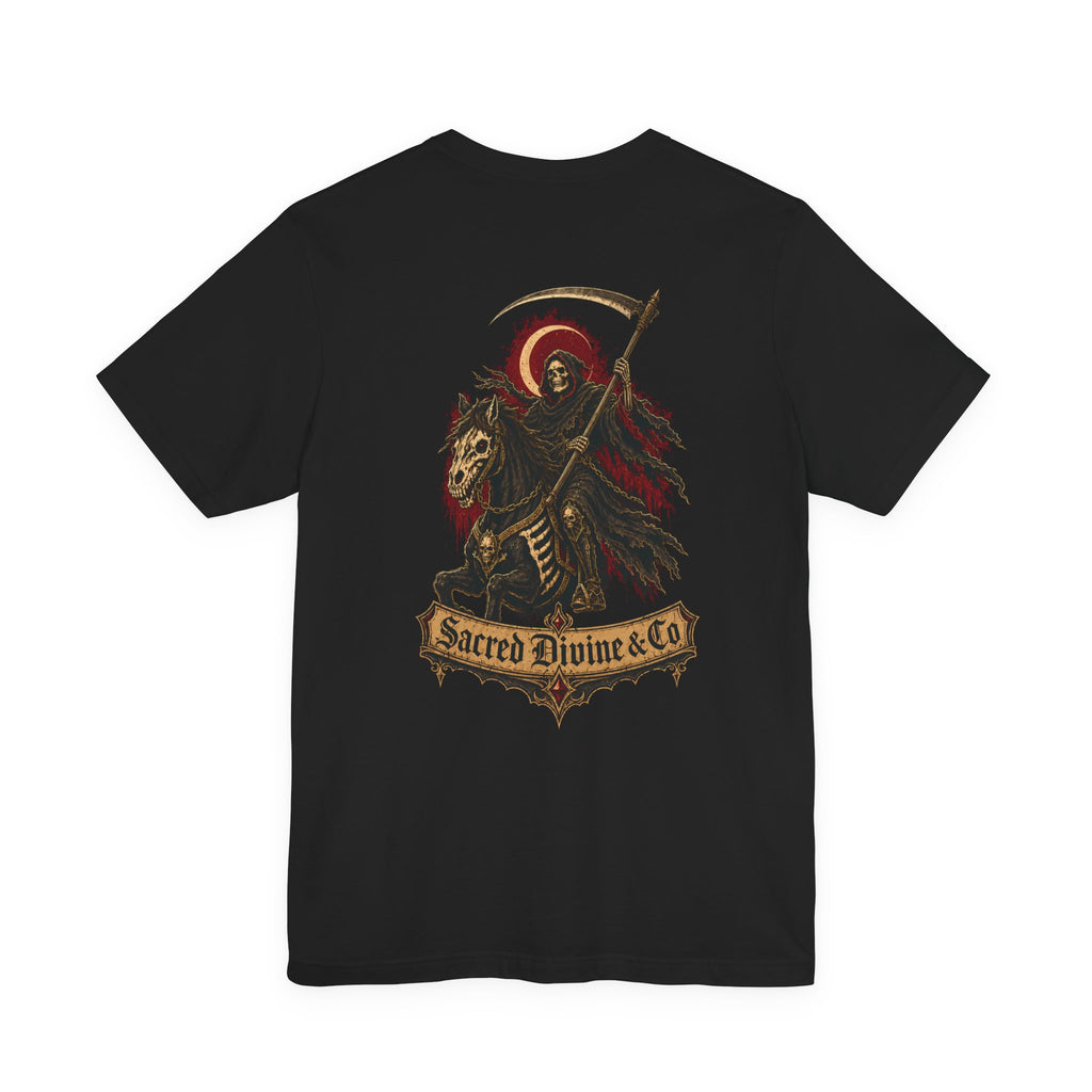 Grim Reaper Graphic Tee black back flat-lay — Grim Reaper on skeleton horse with scythe and crescent moon Sacred Divine & Co. scroll banner full back graphic