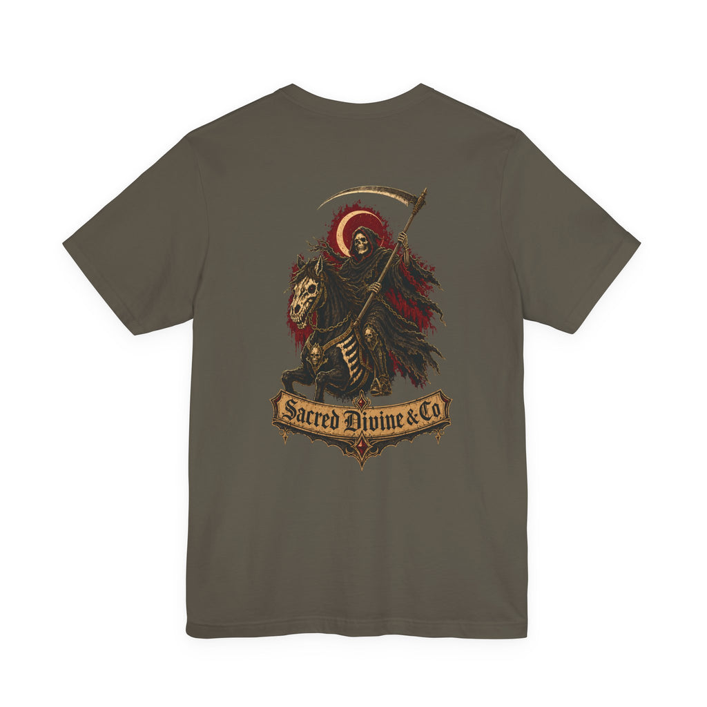Grim Reaper Graphic Tee army back flat-lay — Grim Reaper on skeleton horse with scythe and crescent moon Sacred Divine & Co. scroll banner full back graphic