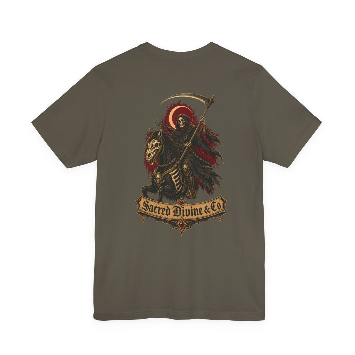 Grim Reaper Graphic Tee army back flat-lay — Grim Reaper on skeleton horse with scythe and crescent moon Sacred Divine & Co. scroll banner full back graphic