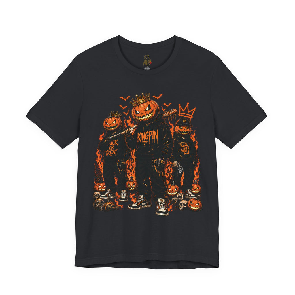 Pumpkin Kingpin Crew Tee product mockup featuring crowned jack-o'-lantern kingpin and crew artwork