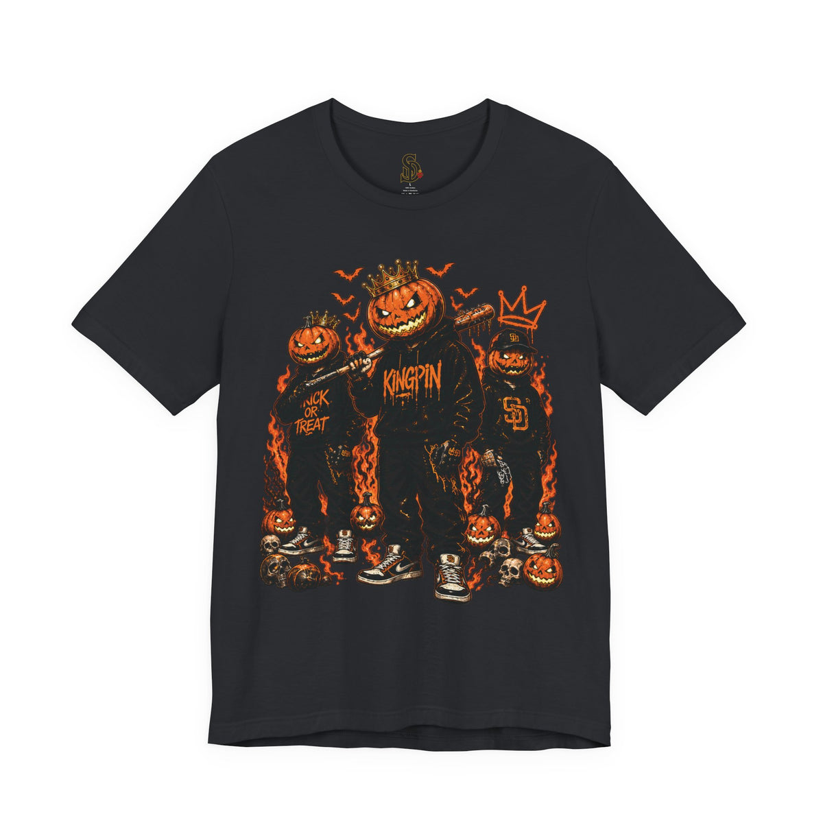 Pumpkin Kingpin Crew Tee product mockup featuring crowned jack-o'-lantern kingpin and crew artwork