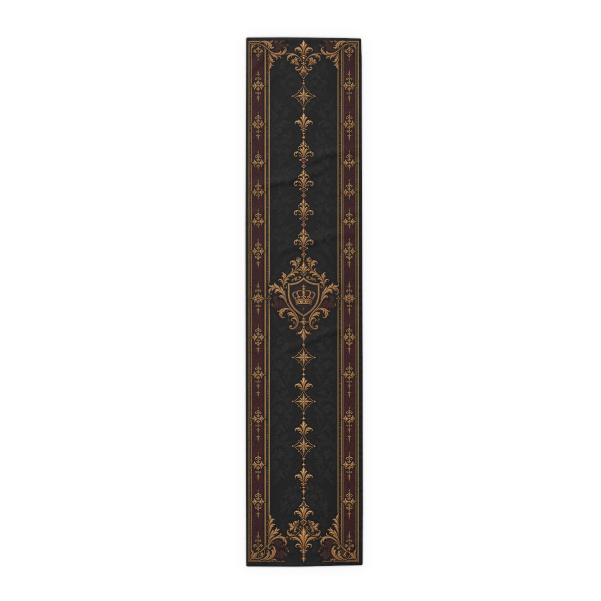 Gallery image 2: Vintage Baroque Gothic Table Runner featuring black polyester table runner with antique-gold scrollwork and a burgundy border.