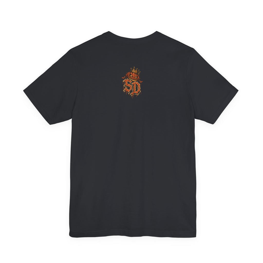 Pumpkin Kingpin Crew Tee product mockup featuring crowned jack-o'-lantern kingpin and crew artwork