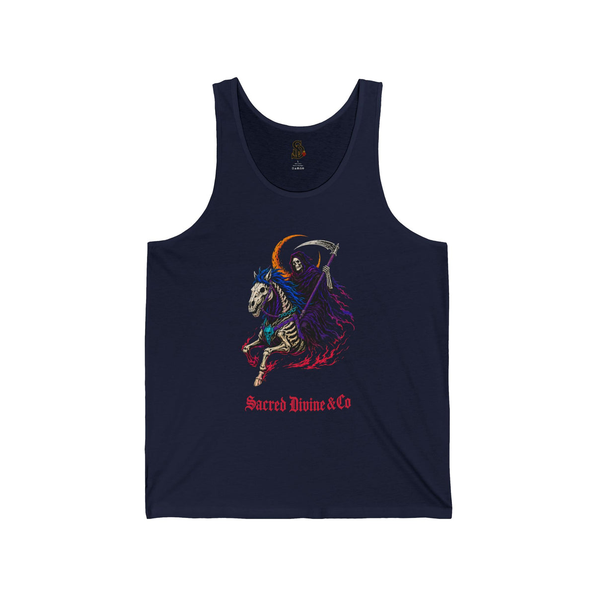 Grim Reaper Pegasus Tank navy front flat-lay — Grim Reaper riding skeleton horse with scythe and crescent moon Sacred Divine & Co. gothic script center graphic
