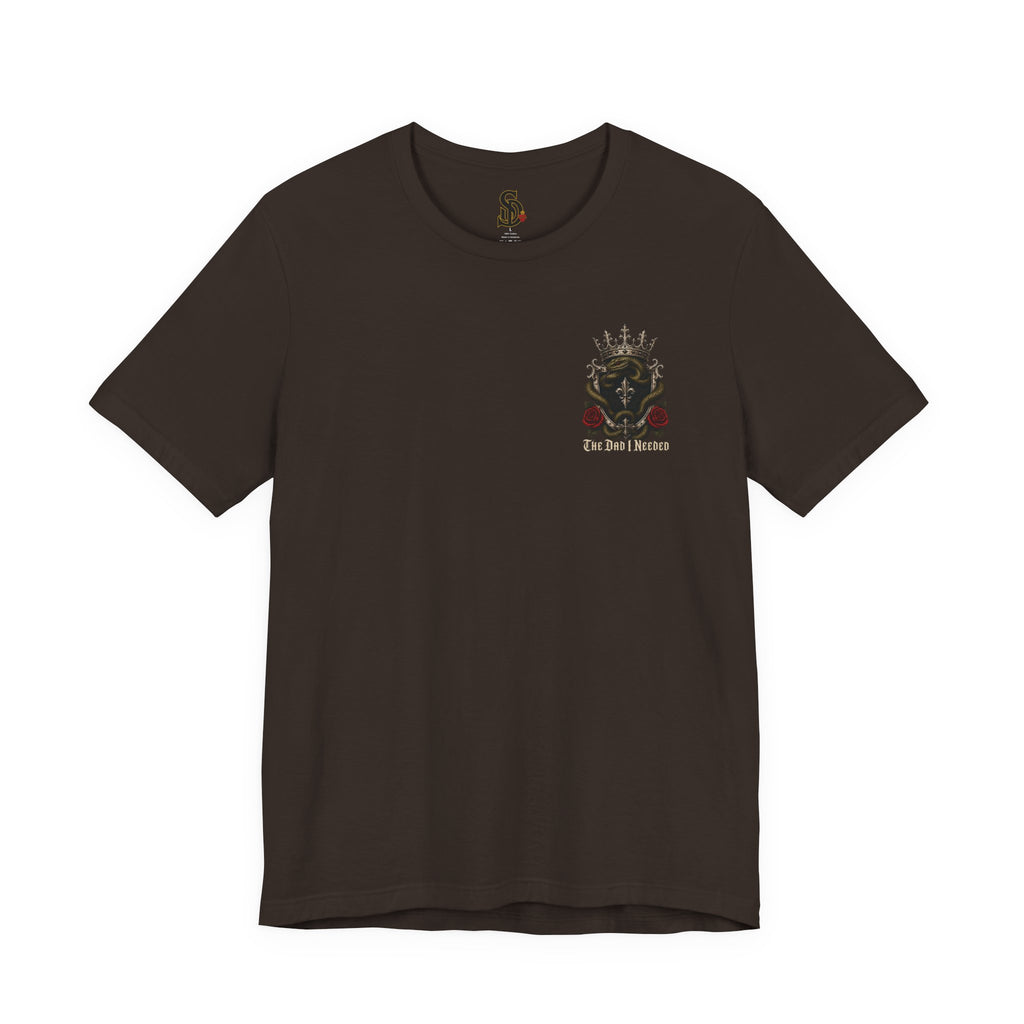 Family First Always Tee brown front flat-lay — Family First Always gothic crest left chest graphic
