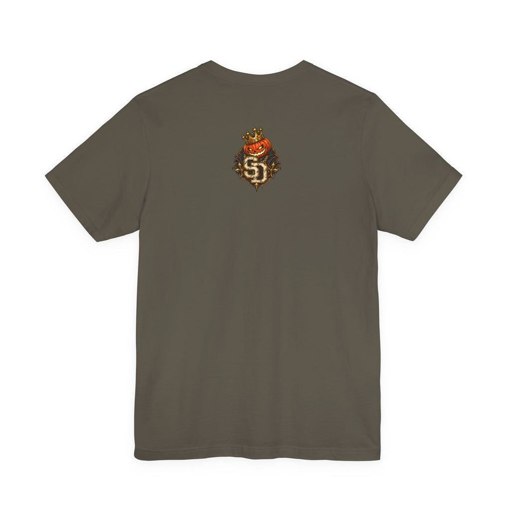 Pumpkin King Streetwear Tee product mockup featuring crowned pumpkin king Halloween artwork