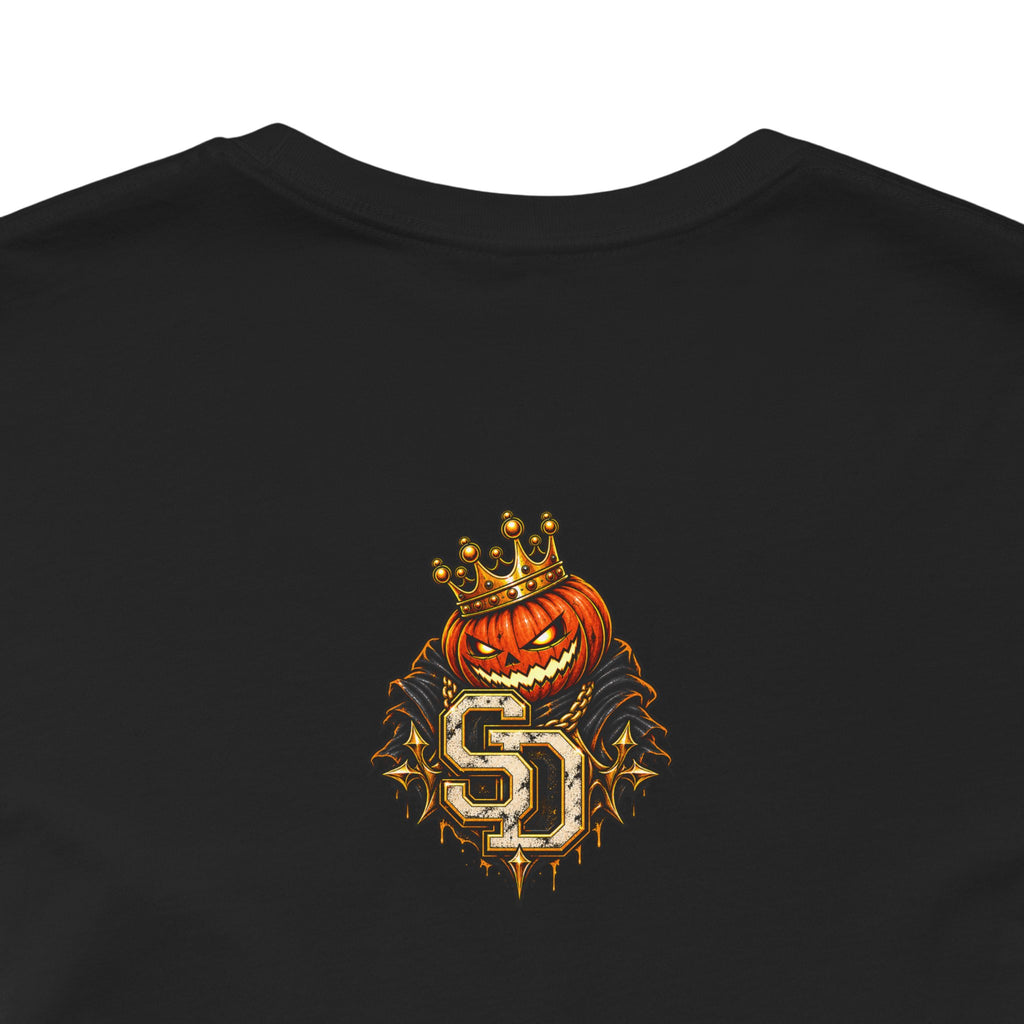 Pumpkin King Streetwear Tee product mockup featuring crowned pumpkin king Halloween artwork