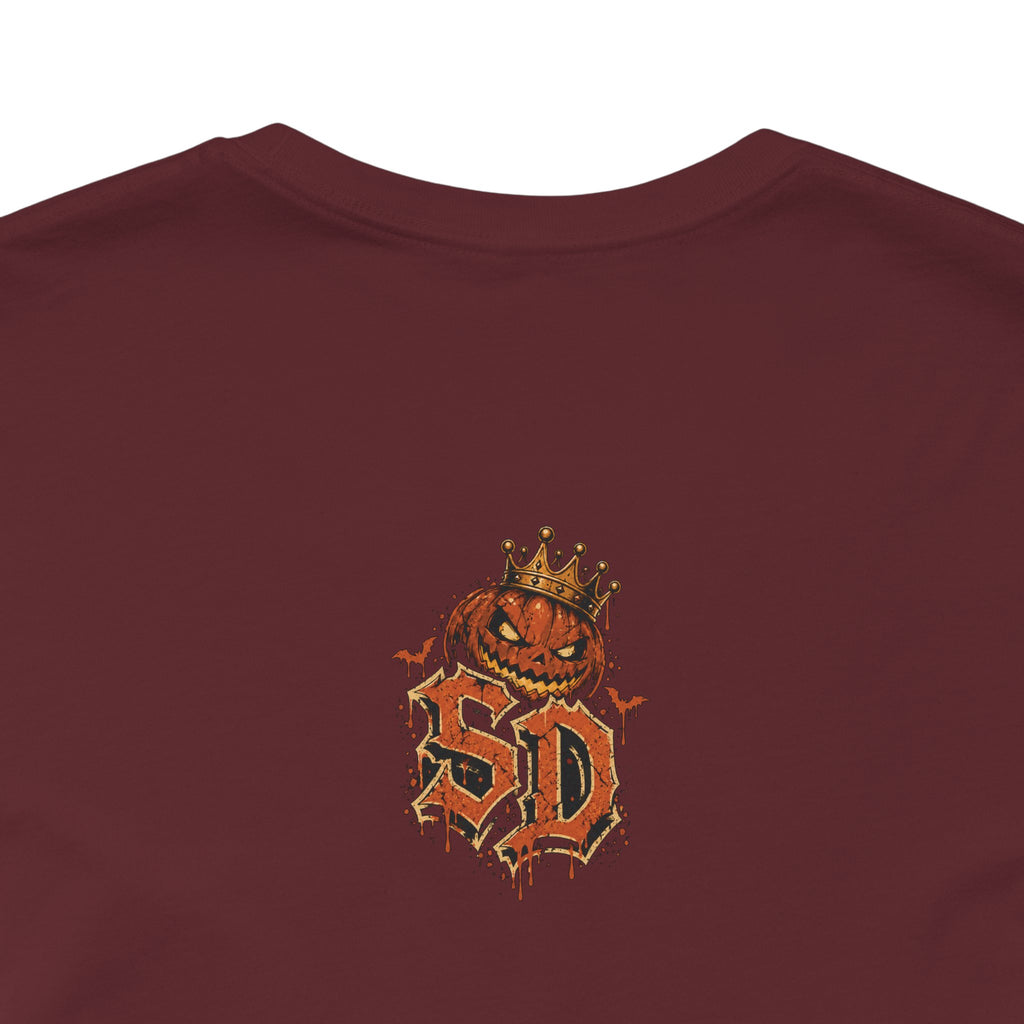 Pumpkin Kingpin Crew Tee product mockup featuring crowned jack-o'-lantern kingpin and crew artwork