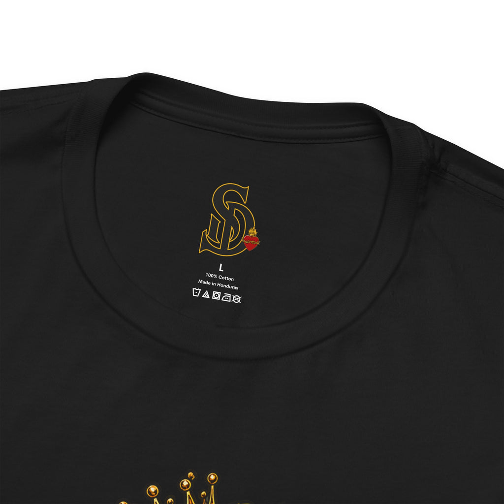 The Pumpkin Kingpin Tee product mockup with crowned jack-o'-lantern holding a No Rules Only Loyalty sign