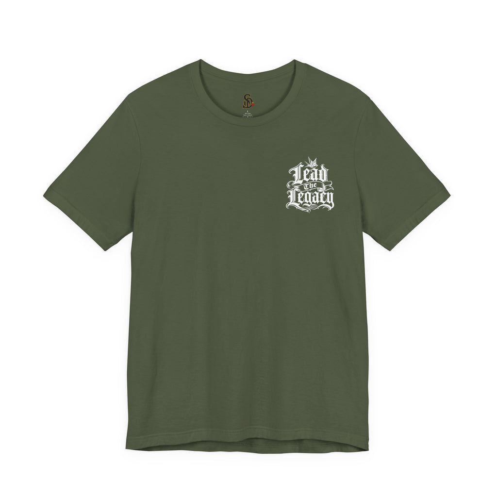 Lead the Legacy Graphic Tee military green front flat-lay — Lead the Legacy gothic script left chest pocket logo
