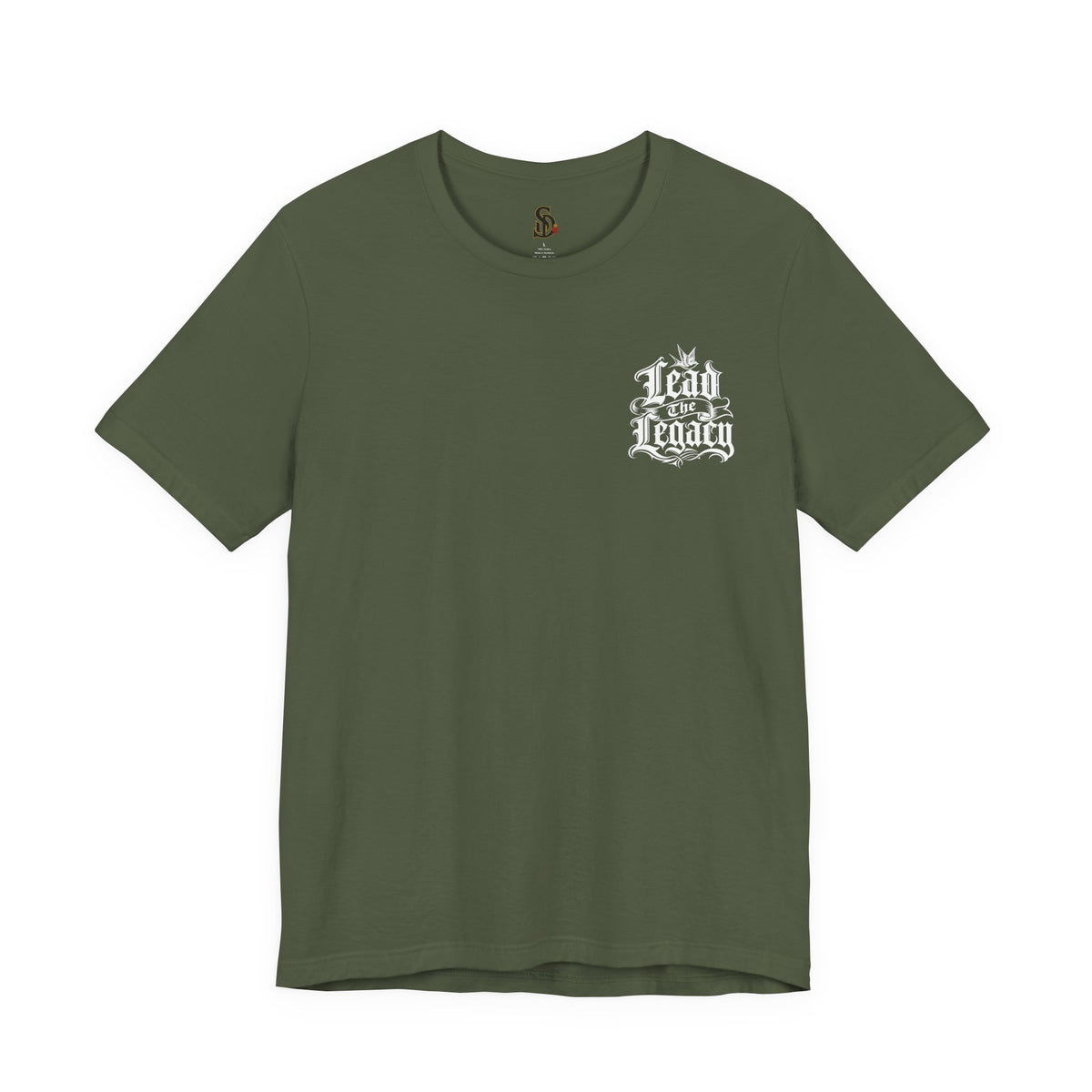 Lead the Legacy Graphic Tee military green front flat-lay — Lead the Legacy gothic script left chest pocket logo
