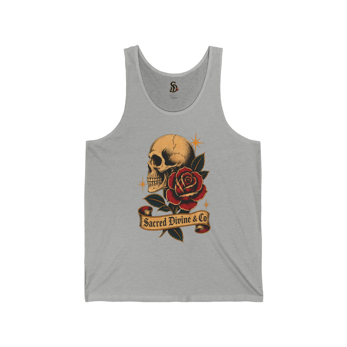 Skull & Rose Jersey Tank athletic heather front flat-lay — vintage tattoo skull red rose gold stars Sacred Divine & Co. scroll banner center graphic