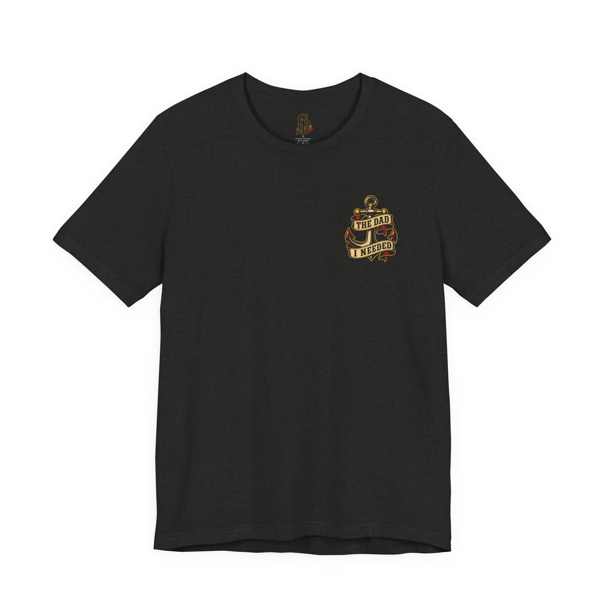 Fatherhood Is the Mission Tee black heather front flat-lay — The Dad I Needed vintage anchor left chest graphic