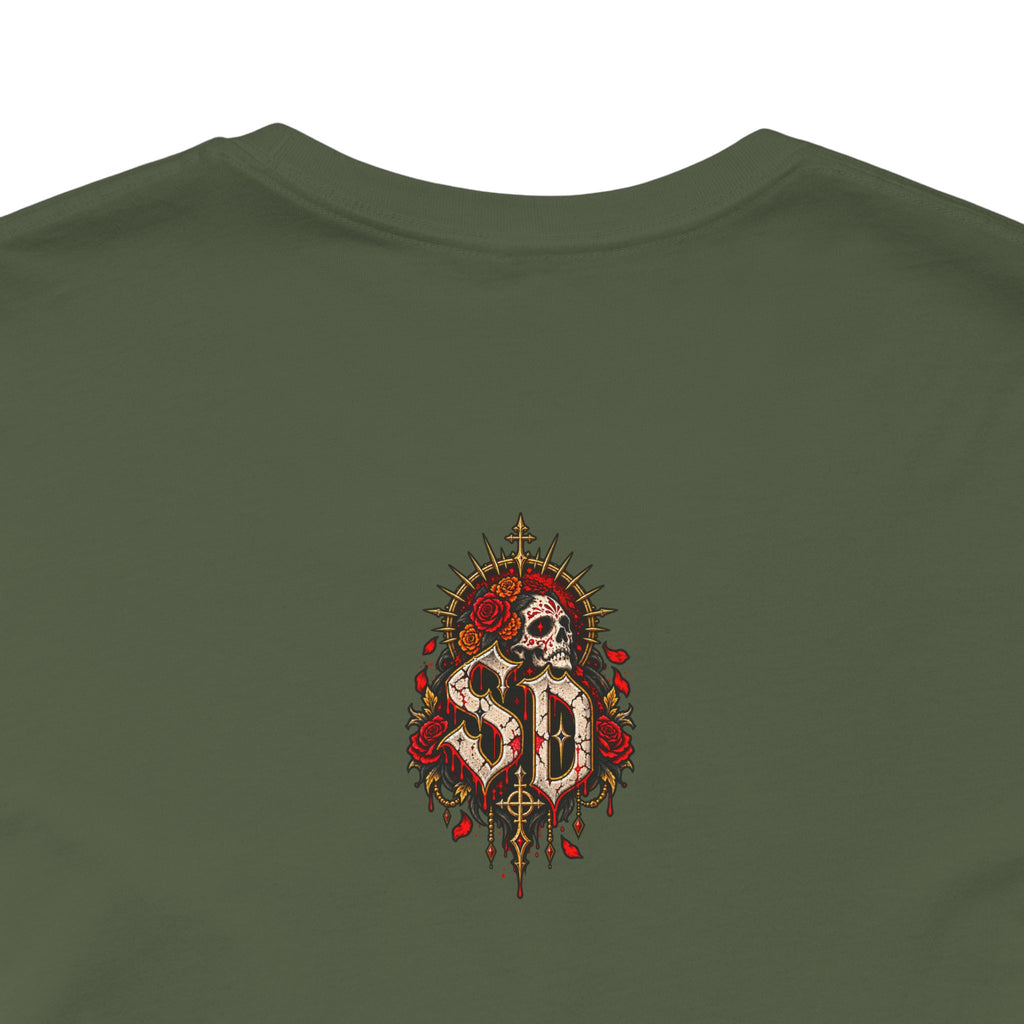 Day of the Dead Gothic Tee product mockup with skeletal Day of the Dead artwork and red accents