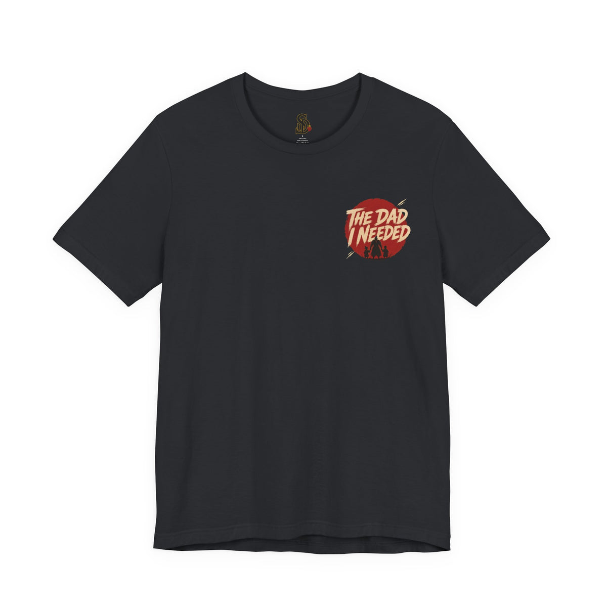 Built Different Tee vintage black front flat-lay — The Dad I Needed red circle left chest badge with SD monogram neck label