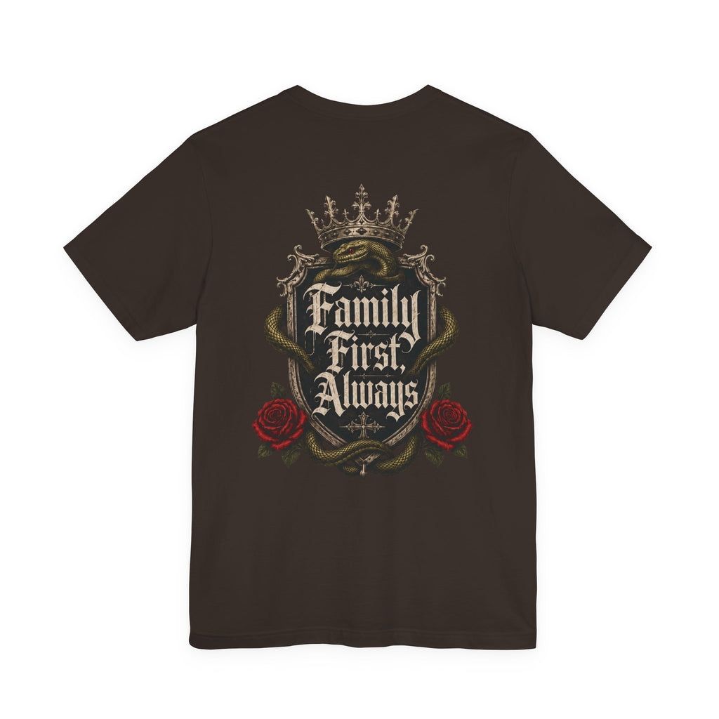 Family First Always Tee brown back flat-lay — Family First Always gothic crest full back graphic with Sacred Divine & Co. wordmark