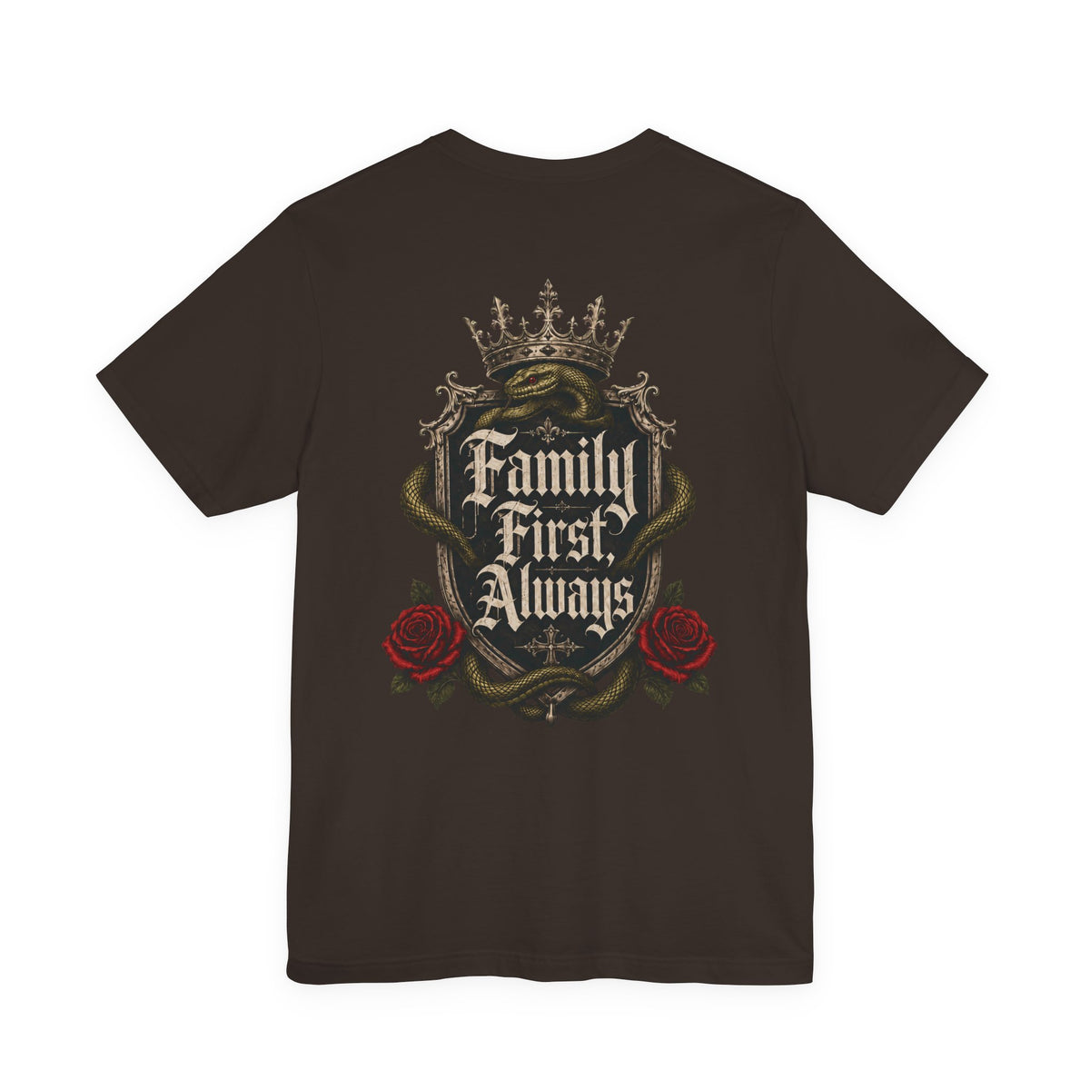 Family First Always Tee brown back flat-lay — Family First Always gothic crest full back graphic with Sacred Divine & Co. wordmark