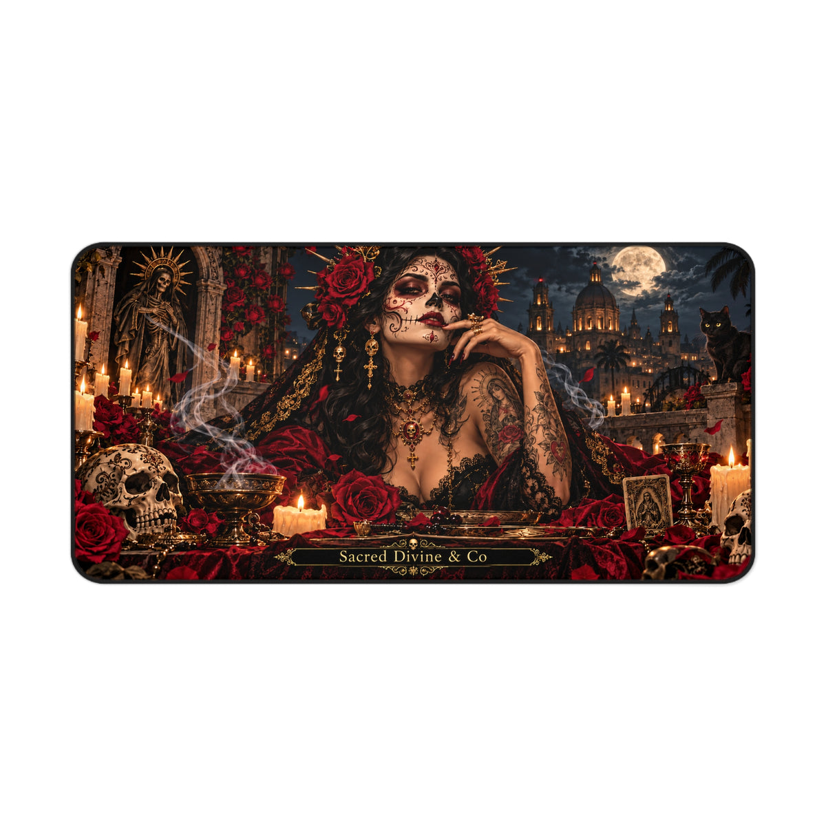 Gothic Day of the Dead desk mat with a sugar-skull woman, red roses, candles, and moonlit architecture.