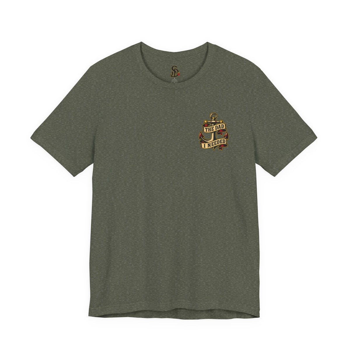 Fatherhood Is the Mission Tee heather military green front flat-lay — The Dad I Needed vintage anchor left chest graphic