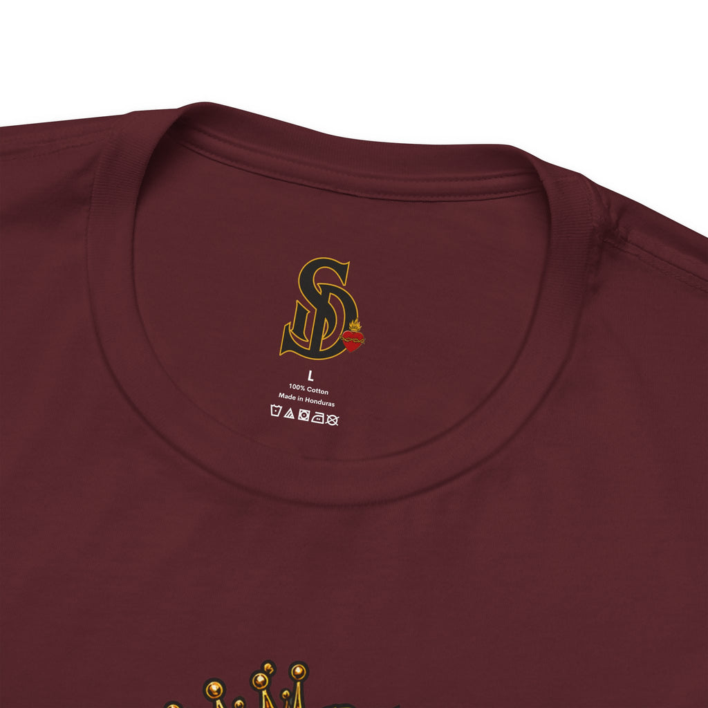 The Pumpkin Kingpin Tee product mockup with crowned jack-o'-lantern holding a No Rules Only Loyalty sign