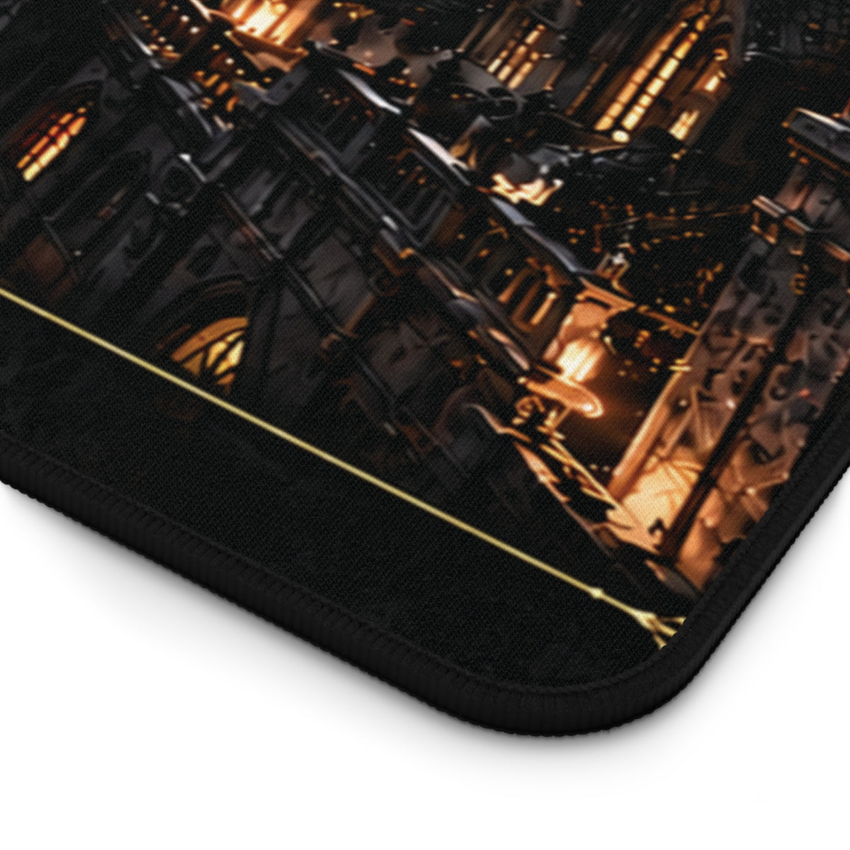 Close-up of the dark textured backing and rounded stitched edge of the Gothic Reaper Castle desk mat.