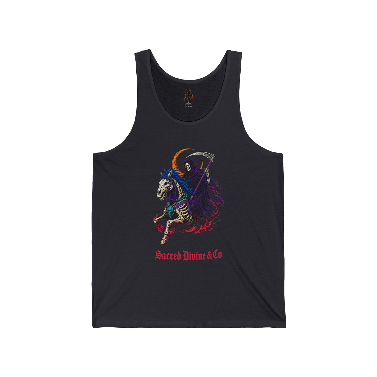Grim Reaper Pegasus Tank dark grey front flat-lay — Grim Reaper riding skeleton horse with scythe and crescent moon Sacred Divine & Co. gothic script center graphic