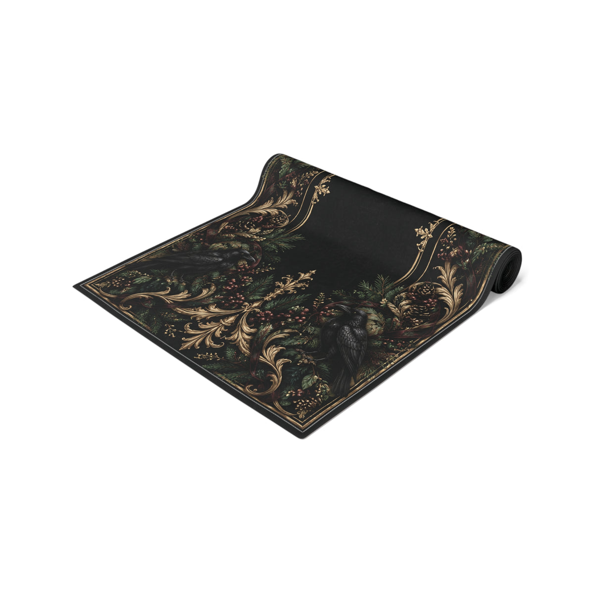 Gallery image 3: Gothic Floral Table Runner featuring cotton twill table runner with ornate botanical flourishes in black, muted green, warm gold, and berry tones.